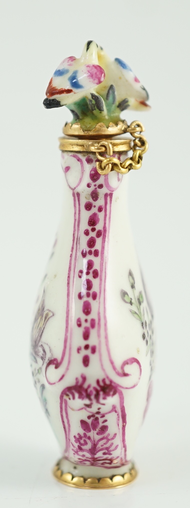 A good Chelsea or St James (Charles Gouyn) gold mounted porcelain scent bottle, c.1755